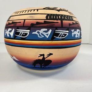 Signed Navajo Southwestern Pottery Bowl Pot Vase Multicolor Sunset Native Art